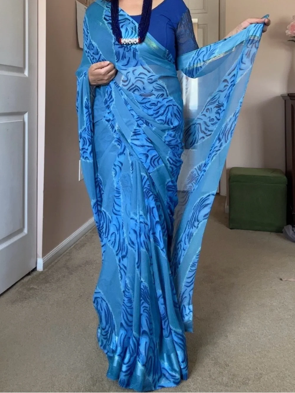 3 pieces set. Blue Patterned Saree with Matching Blouse and inner skirt.